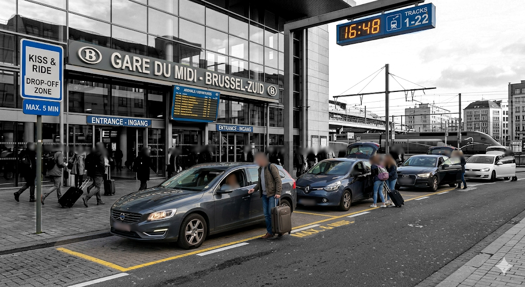 cars stopping in a drop-off zone near a train station